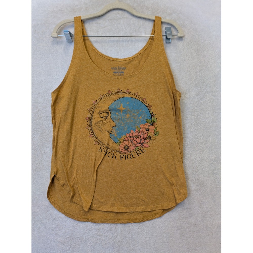 Stick Figure Tank Top Women's Large Yellow Celestial Moon Graphic Curved Hem